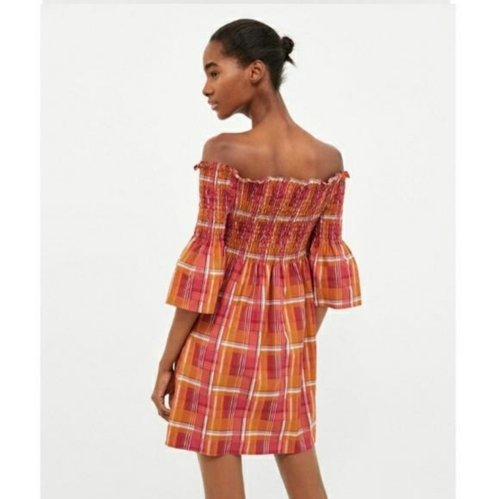 Zara Plaid Smocked Off-Shoulder Dress